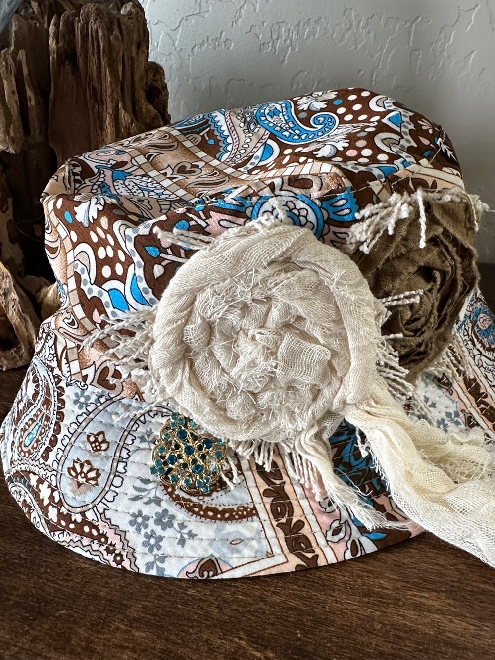 Blueberry Kate Boho Paisley Bucket Hat with Rosette and Accent Pin - Picture 1 of 3